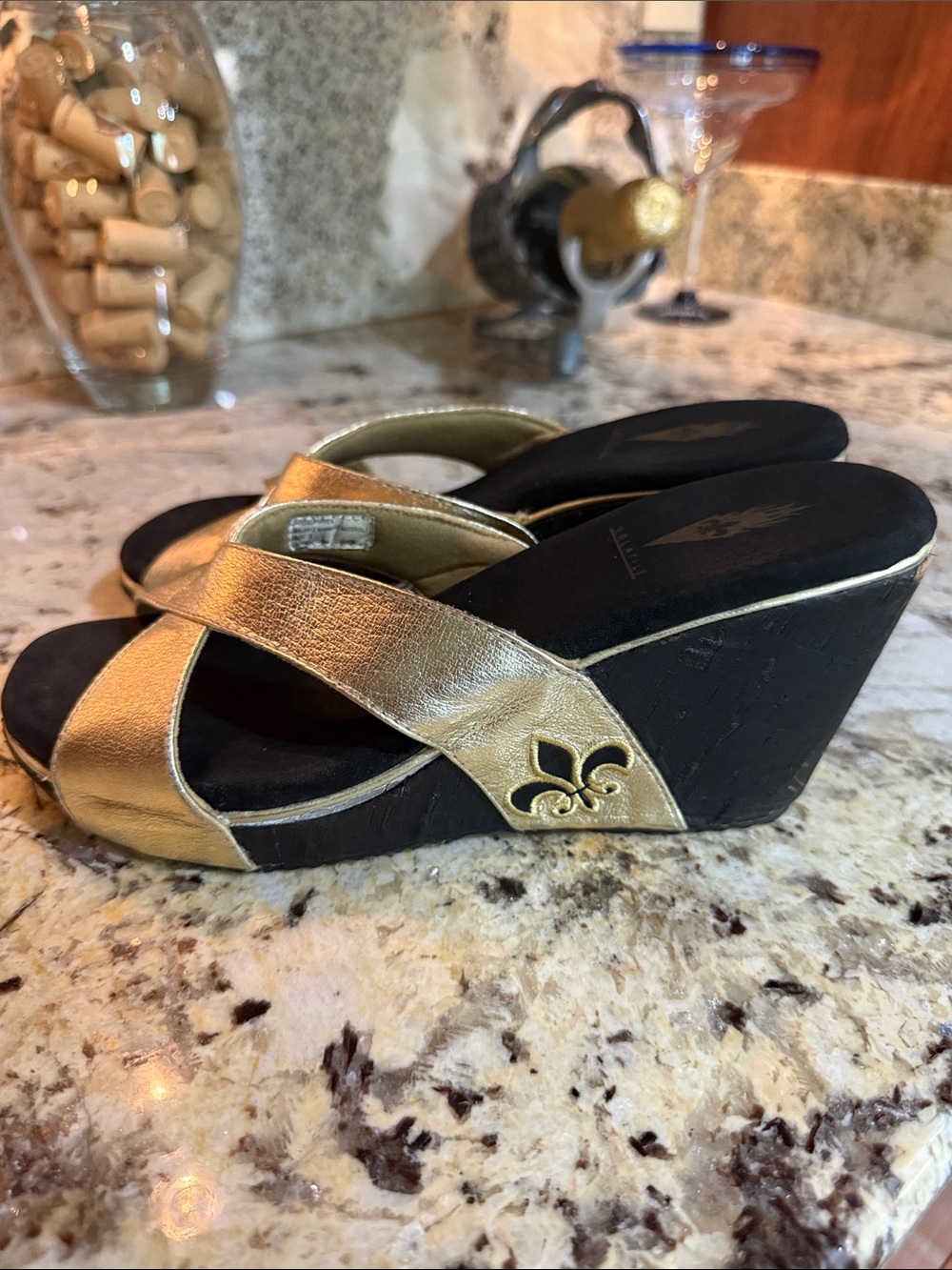 Volatile Gold Crisscross Wedge Slides with Fleur-de-Lis Accent - Picture 3 of 11